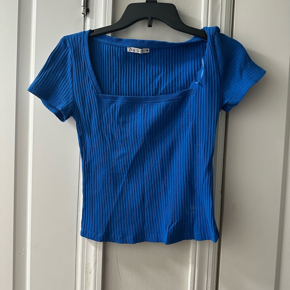 zara blue Ribbed Square Neck Top